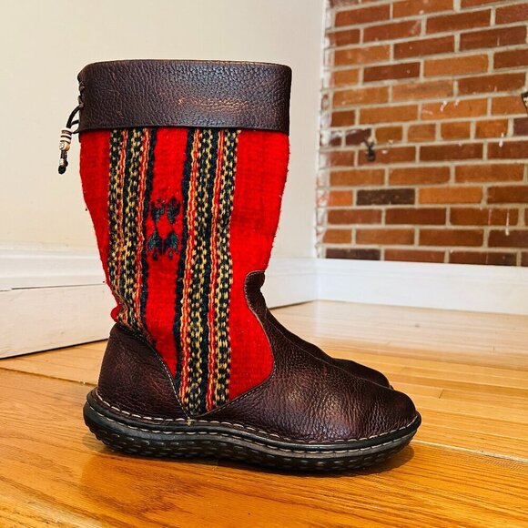 Born Shoes - Born Tizoc Indian Blanket Wool Brown Leather Size 9.5 Mid Calf Fashion Boots